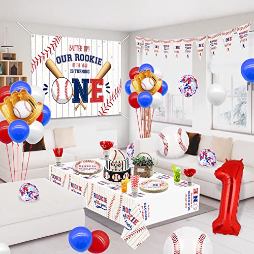 Baseball 1st Birthday Party Supplies, Includes Rookie of The Year Banner, Backdrop, Tablecloth, Balloons, Plates, Napkins, Cups and Straws for Boys Baby First Baseball Party Decor, Serves 20 Guests