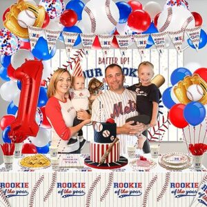 Baseball 1st Birthday Party Supplies, Includes Rookie of The Year Banner, Backdrop, Tablecloth, Balloons, Plates, Napkins, Cups and Straws for Boys Baby First Baseball Party Decor, Serves 20 Guests