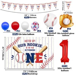 Baseball 1st Birthday Party Supplies, Includes Rookie of The Year Banner, Backdrop, Tablecloth, Balloons, Plates, Napkins, Cups and Straws for Boys Baby First Baseball Party Decor, Serves 20 Guests