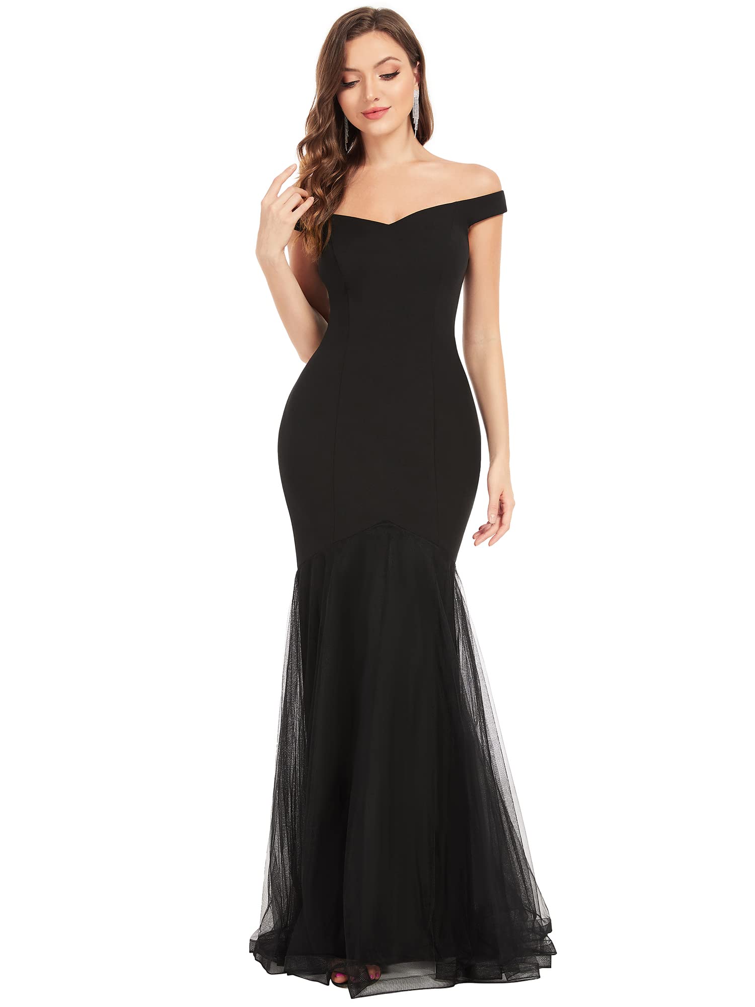 Ever-Pretty Women's Elegant Mermaid Sweetheart Strapless Bodycon Tulle Fishtail Formal Gown Black US4