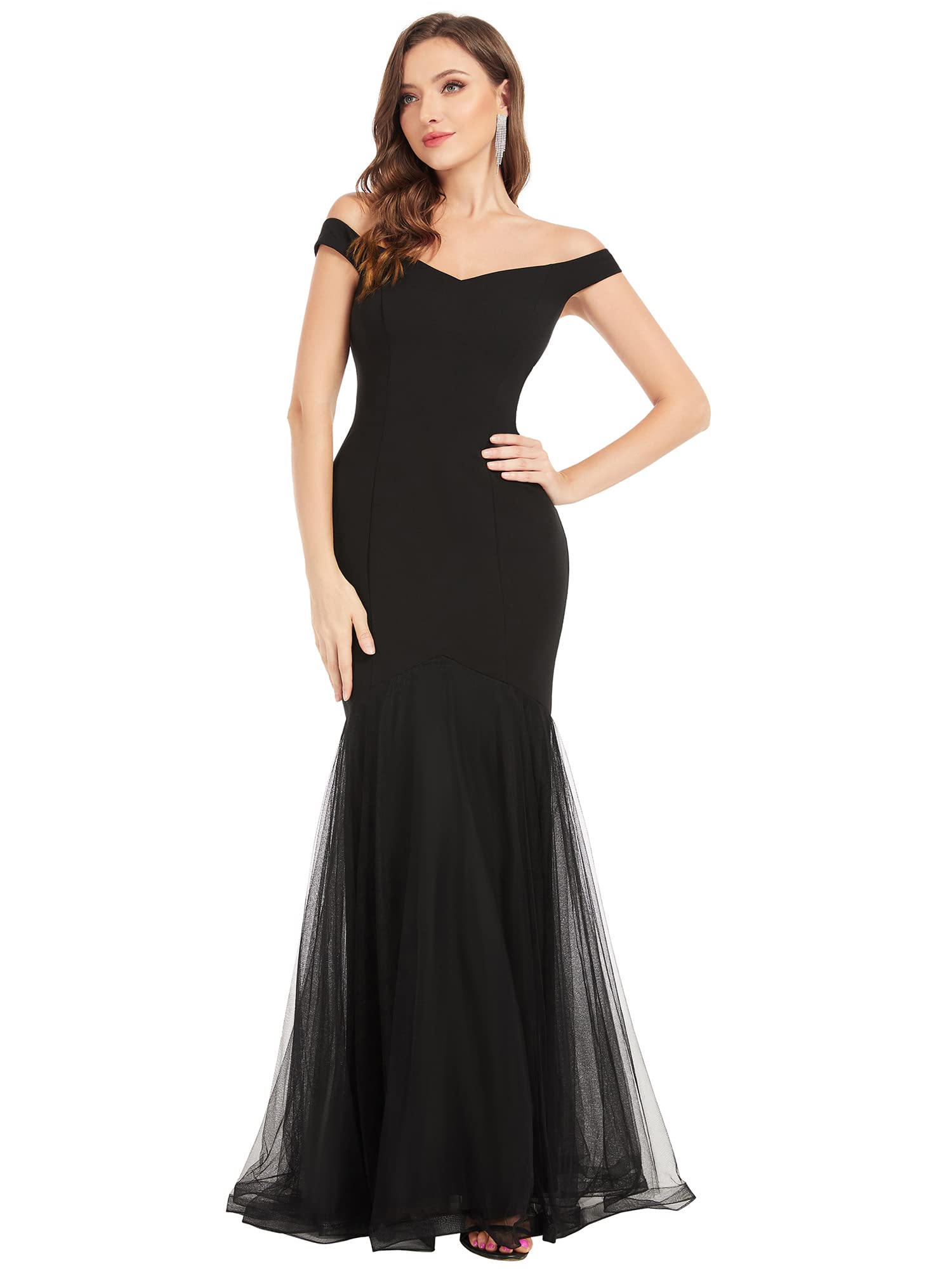 Ever-Pretty Women's Elegant Mermaid Sweetheart Strapless Bodycon Tulle Fishtail Formal Gown Black US4