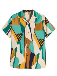 oyoangle men's casual geo graphic print short sleeve button down shirt top beach shirts green and white s