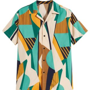 OYOANGLE Men's Casual Geo Graphic Print Short Sleeve Button Down Shirt Top Beach Shirts Green and White S