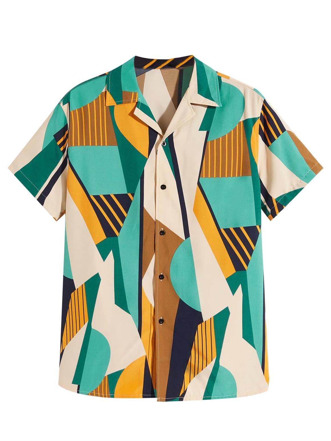 OYOANGLE Men's Casual Geo Graphic Print Short Sleeve Button Down Shirt Top Beach Shirts Green and White S