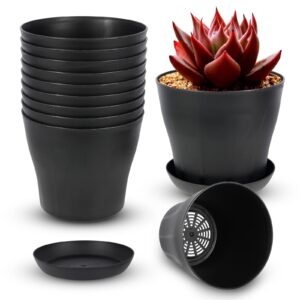 ruishetop 18 pack 5.5 inch plastic flower pot indoor/outdoor decorative plant pots with drainage holes and tray for home garden plants flowers succulents cactus (black)
