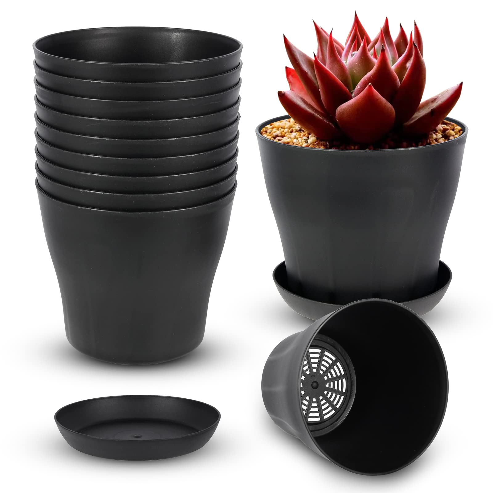 ruishetop 18 Pack 5.5 inch Plastic Flower Pot Indoor/Outdoor Decorative Plant Pots with Drainage Holes and Tray for Home Garden Plants Flowers Succulents Cactus (Black)