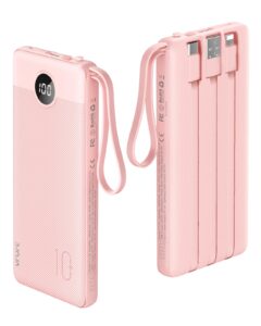 vrurc portable charger 10000mah, slim led display power bank, 5 output 2 input cell phone battery pack, built-in micro & usb c cables phone charger compatible with iphone,samsung,android-pink(1 pack)