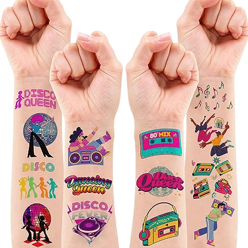 8 Sheets (96PCS) Disco Temporary Tattoos Birthday Party Decorations Supplies Tattoos Stickers Cute Party Favors Kids Girls Boys Gifts Classroom School Prizes Themed