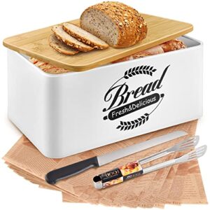 aosion metal bread box for kitchen countertop, all-in-one large bread boxes with bamboo cutting lid, bread storage fresher for longer, white