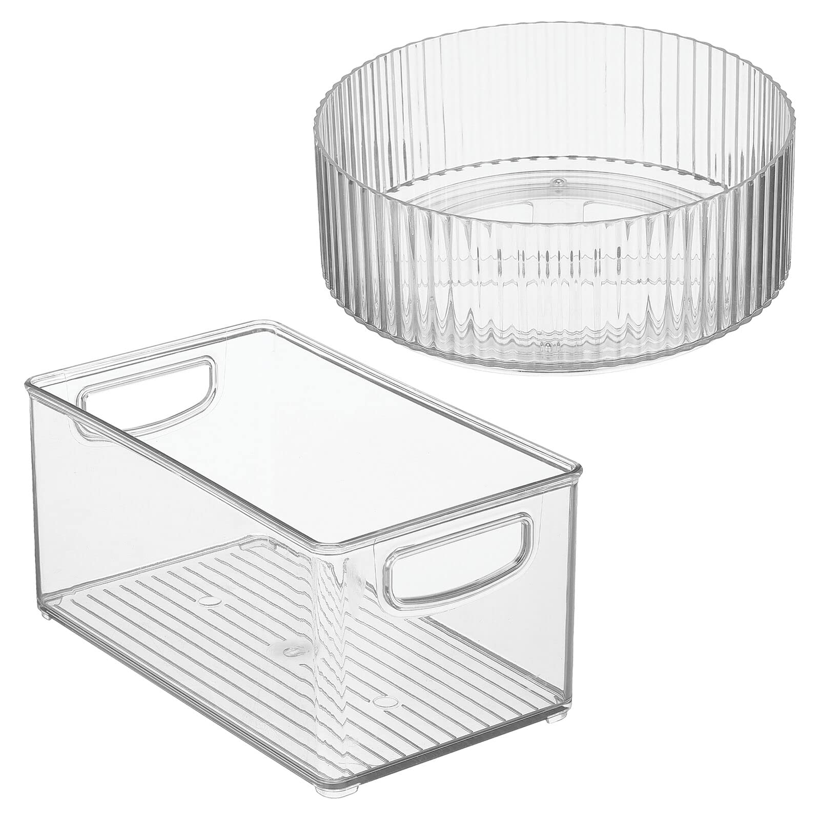 mDesign Plastic Stackable Bin with Handles and 9" Round Fluted Lazy Susan Turntable Plastic Spinner Combo Set for Organization in Bathroom, Closet, Cabinet, or Vanity Countertop - Set of 2 - Clear