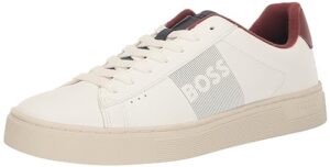 boss men's rhys low profile cupsole sneaker with side logo, cloud white/brown, 10
