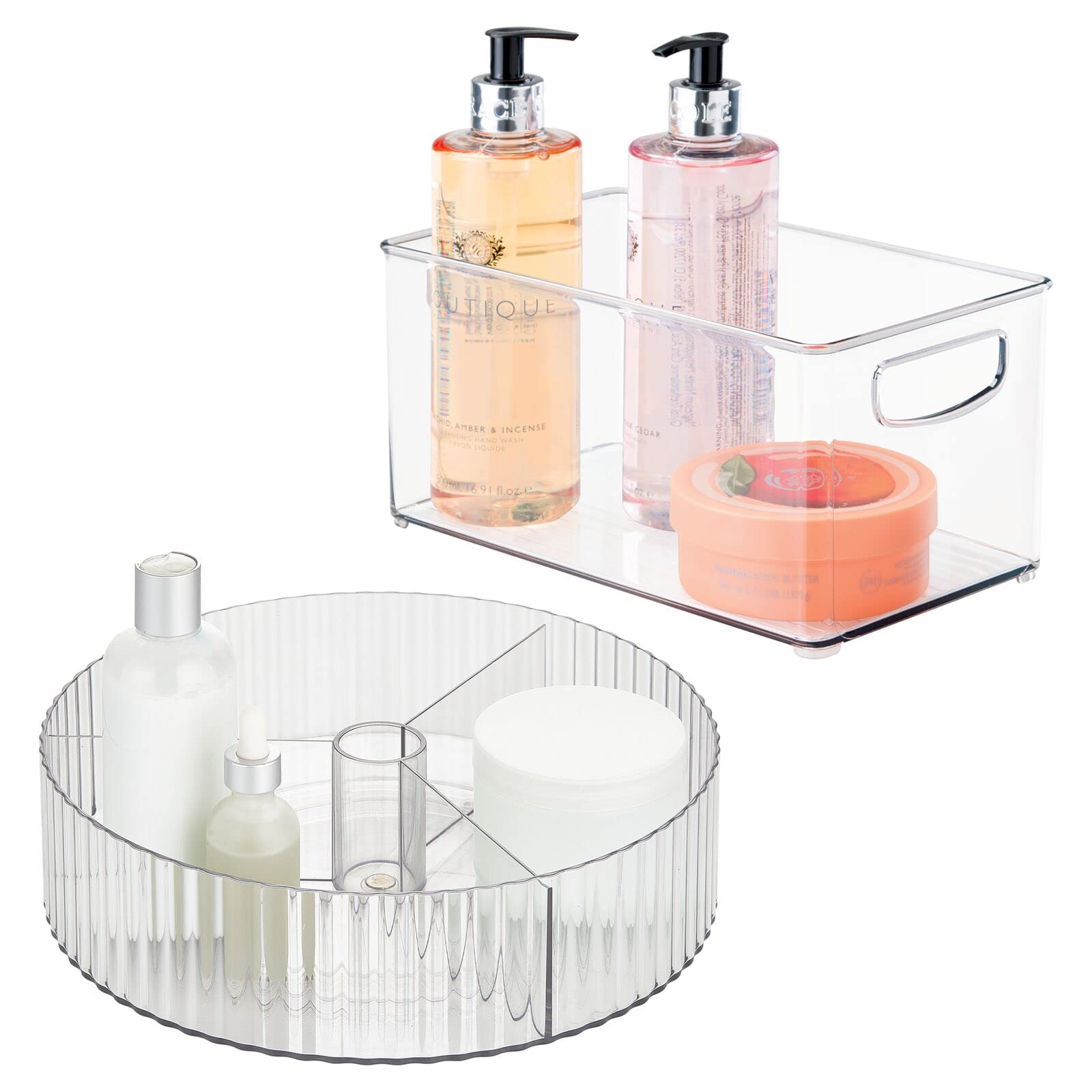 mDesign Plastic Stackable Bin with Handles and 11.5" Round Fluted Lazy Susan Turntable Divided Spinner Combo Set for Organization in Bathroom, Closet, Cabinet, or Vanity Countertop - Set of 2 - Clear