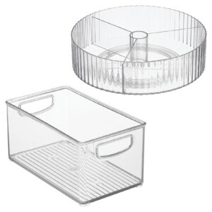 mDesign Plastic Stackable Bin with Handles and 11.5" Round Fluted Lazy Susan Turntable Divided Spinner Combo Set for Organization in Bathroom, Closet, Cabinet, or Vanity Countertop - Set of 2 - Clear