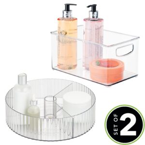 mDesign Plastic Stackable Bin with Handles and 11.5" Round Fluted Lazy Susan Turntable Divided Spinner Combo Set for Organization in Bathroom, Closet, Cabinet, or Vanity Countertop - Set of 2 - Clear