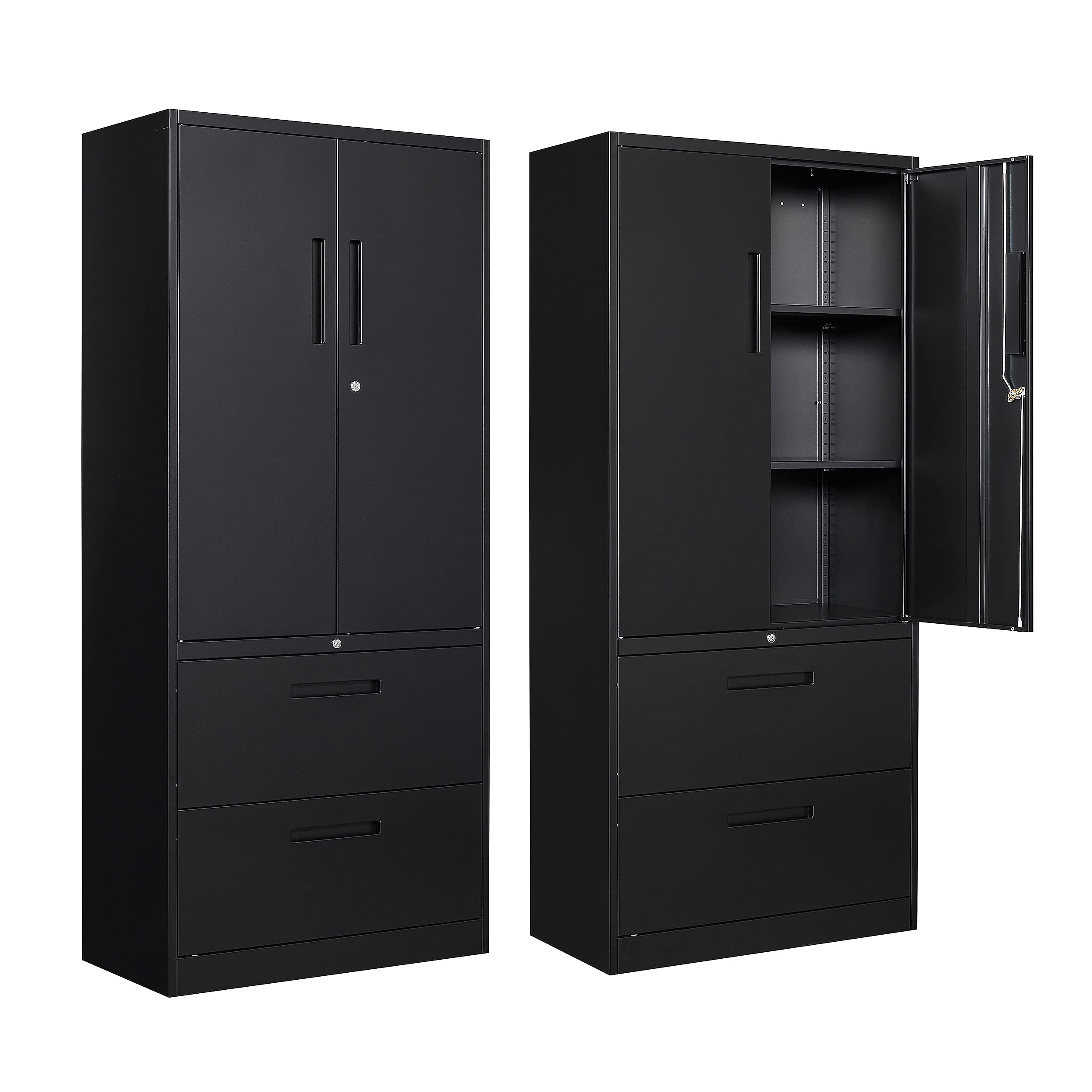 SISESOL Metal Storage Cabinet with Drawers, 71" File Cabinets for Home Office, Locking Steel Storage Cabinet with Doors and Shelves for Home, Office, Warehouse, Garage, School (Black, 2 Drawers)