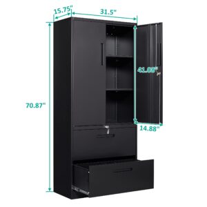 SISESOL Metal Storage Cabinet with Drawers, 71" File Cabinets for Home Office, Locking Steel Storage Cabinet with Doors and Shelves for Home, Office, Warehouse, Garage, School (Black, 2 Drawers)