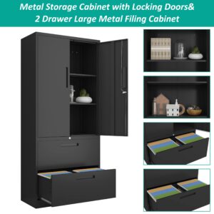 SISESOL Metal Storage Cabinet with Drawers, 71" File Cabinets for Home Office, Locking Steel Storage Cabinet with Doors and Shelves for Home, Office, Warehouse, Garage, School (Black, 2 Drawers)