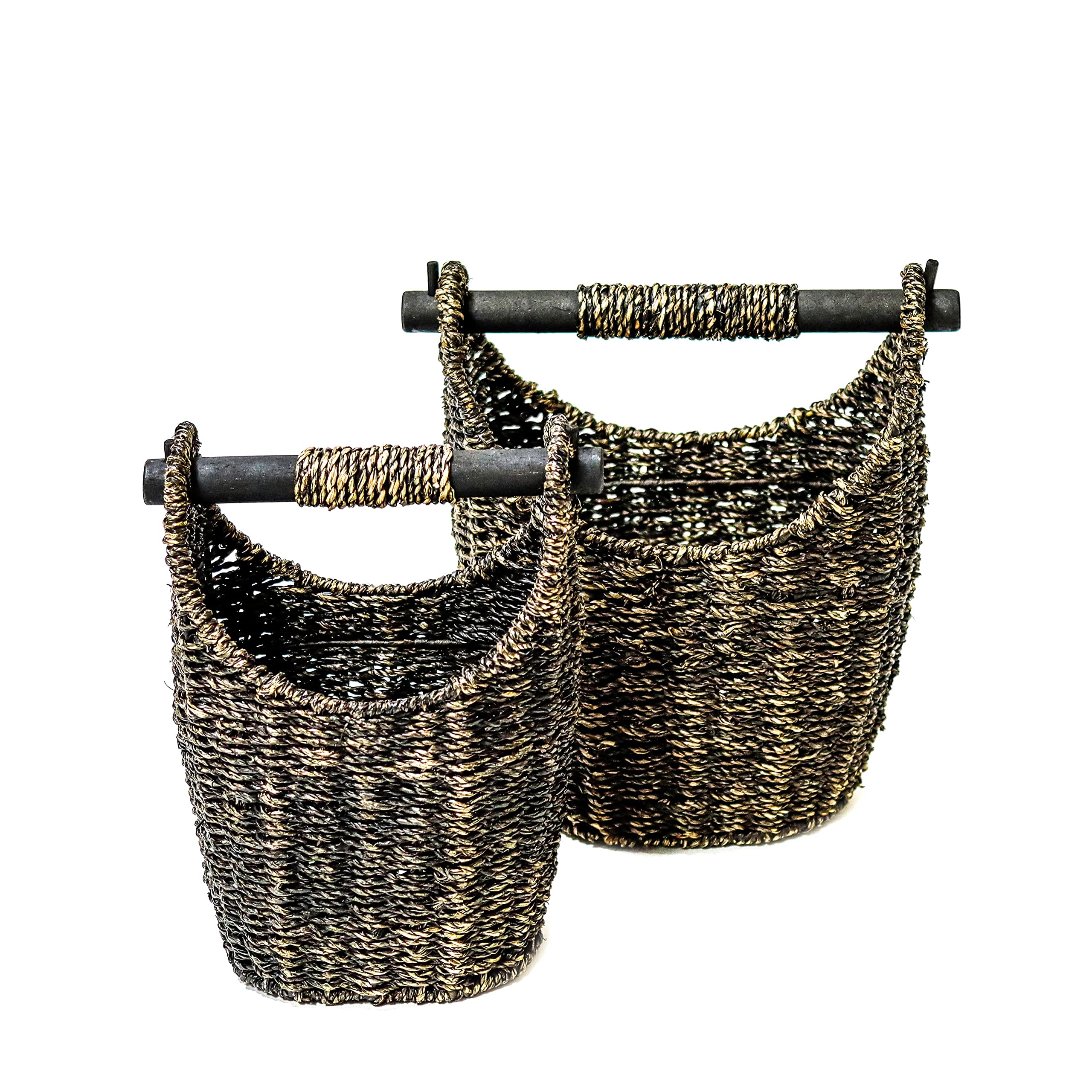 Trademark Innovations 12.2" & 9.4" Seagrass Baskets with Wooden Handles - Set of 2 (Brown)