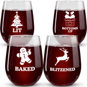 funny christmas wine glasses - “baked, lit, bottoms up, blitzened” printed stemless wine glass set of 4 - wine holiday gifts for her - christmas cocktail glasses and drinkware by on the rox drinks