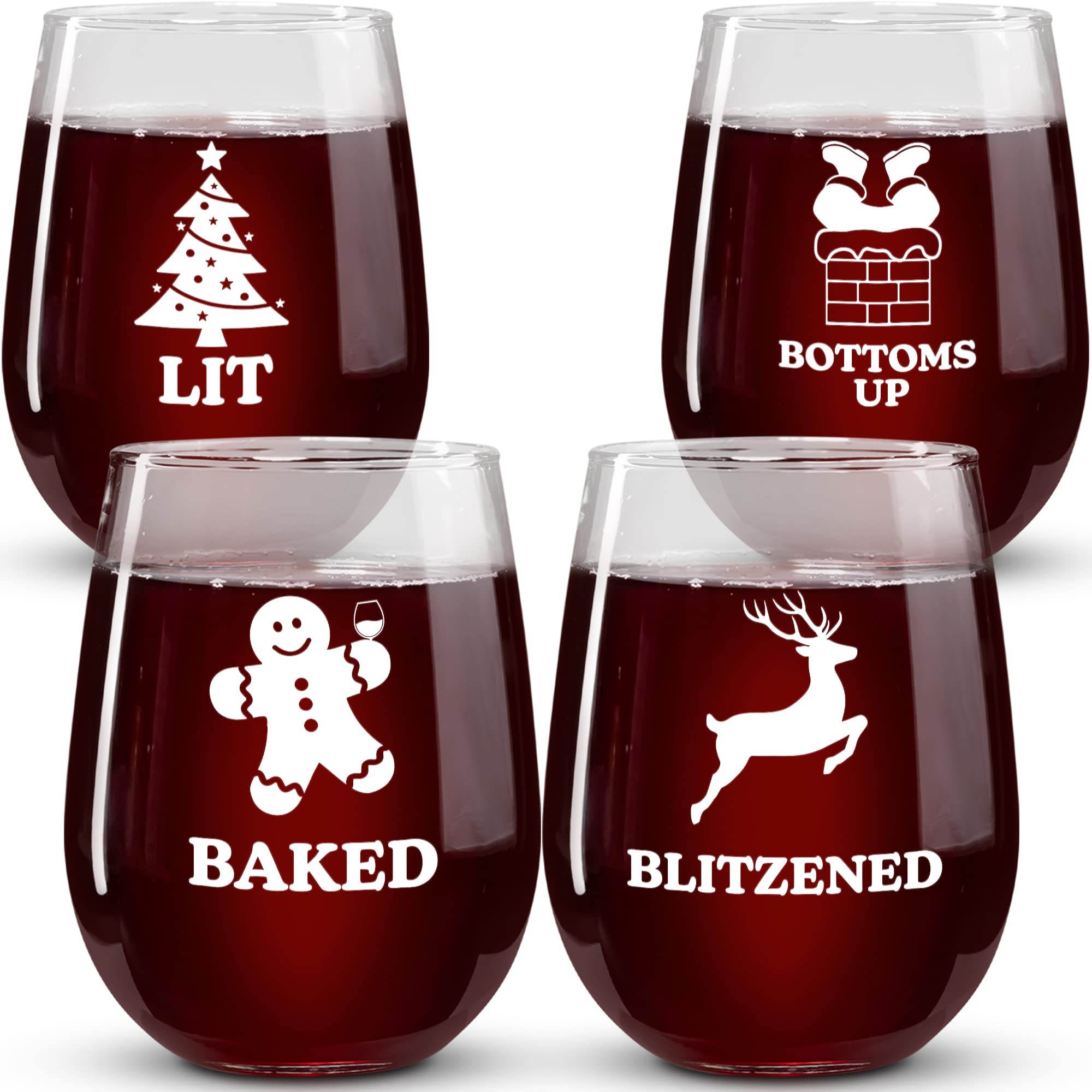 Funny Christmas Wine Glasses - “Baked, Lit, Bottoms Up, Blitzened” Printed Stemless Wine Glass Set of 4 - Wine Holiday Gifts for Her - Christmas Cocktail Glasses and Drinkware by On The Rox Drinks