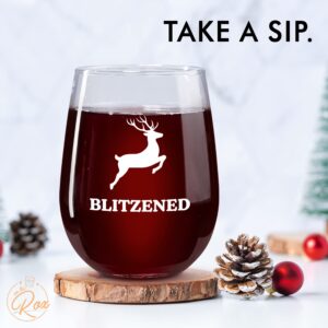 Funny Christmas Wine Glasses - “Baked, Lit, Bottoms Up, Blitzened” Printed Stemless Wine Glass Set of 4 - Wine Holiday Gifts for Her - Christmas Cocktail Glasses and Drinkware by On The Rox Drinks