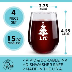 Funny Christmas Wine Glasses - “Baked, Lit, Bottoms Up, Blitzened” Printed Stemless Wine Glass Set of 4 - Wine Holiday Gifts for Her - Christmas Cocktail Glasses and Drinkware by On The Rox Drinks