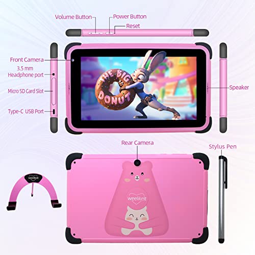 weelikeit Kids Tablet 8 inch Android 11, Learning Tablets for Children, 2+32GB Touchscreen Toddler Tablet with WiFi 6, Bluetooth, Kids App Pre-Installed, YouTube, Case, Stand, Stylus(Pink)