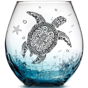 physkoa sea turtle wine glass- 13.5oz crackle teal design, sea turtle gifts for women,turtle gifts，birthday gifts for women（single）