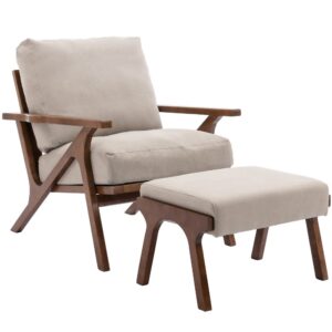 wahson mid century arm chair and ottoman set, upholstered accent armchair with wood frame and canvas cushions, leisure slipper chair for living room/bedroom, beige