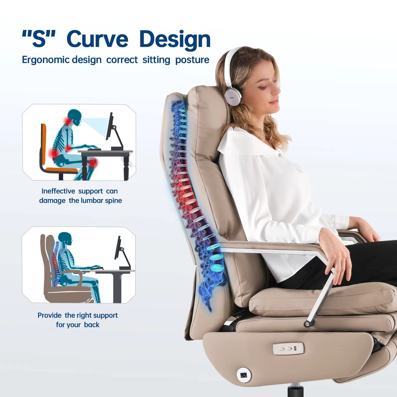 EMIAH Ergonomic Executive Office Chair Big and Tall Reclining Office Chair with Footrest and Lumbar Support Computer Rolling Desk Chair Electric High Back Comfortable Chair for Heavy People