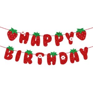 bieufbji strawberry happy birthday banner, glitter strawberry banner, strawberry theme birthday garland for birthday party hanging decorations