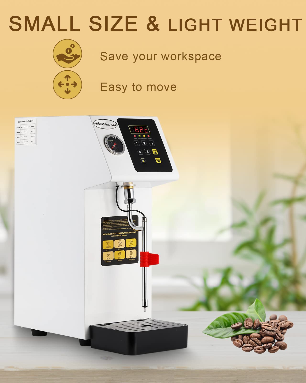 Moonshan Commercial Steam Milk Frother Fast Heating Milk Steamer Machine Boiler Quick Button Electric Fully-Automatic Coffee Foam Maker Frothing Machine for Coffee, Milk, Bubble Tea, Milk Tea