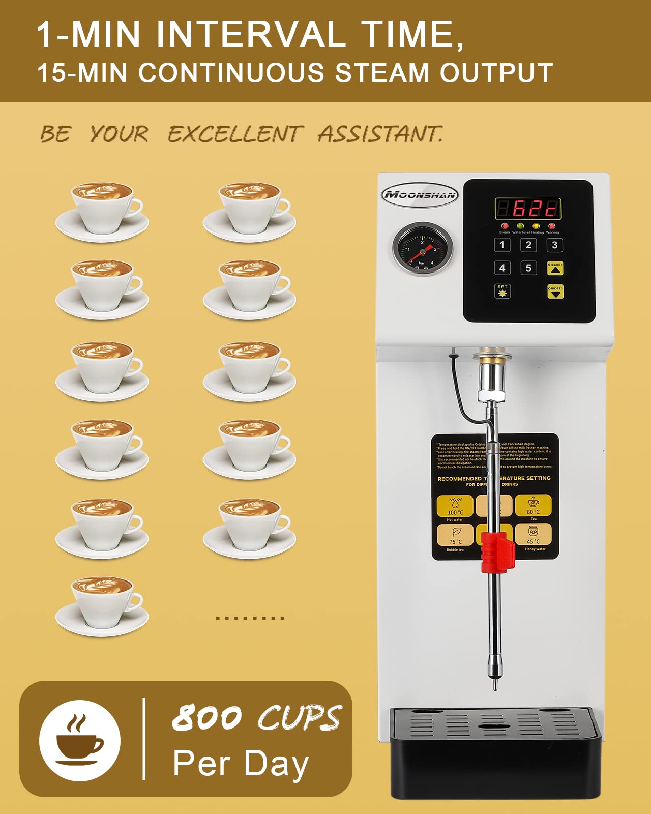 Moonshan Commercial Steam Milk Frother Fast Heating Milk Steamer Machine Boiler Quick Button Electric Fully-Automatic Coffee Foam Maker Frothing Machine for Coffee, Milk, Bubble Tea, Milk Tea