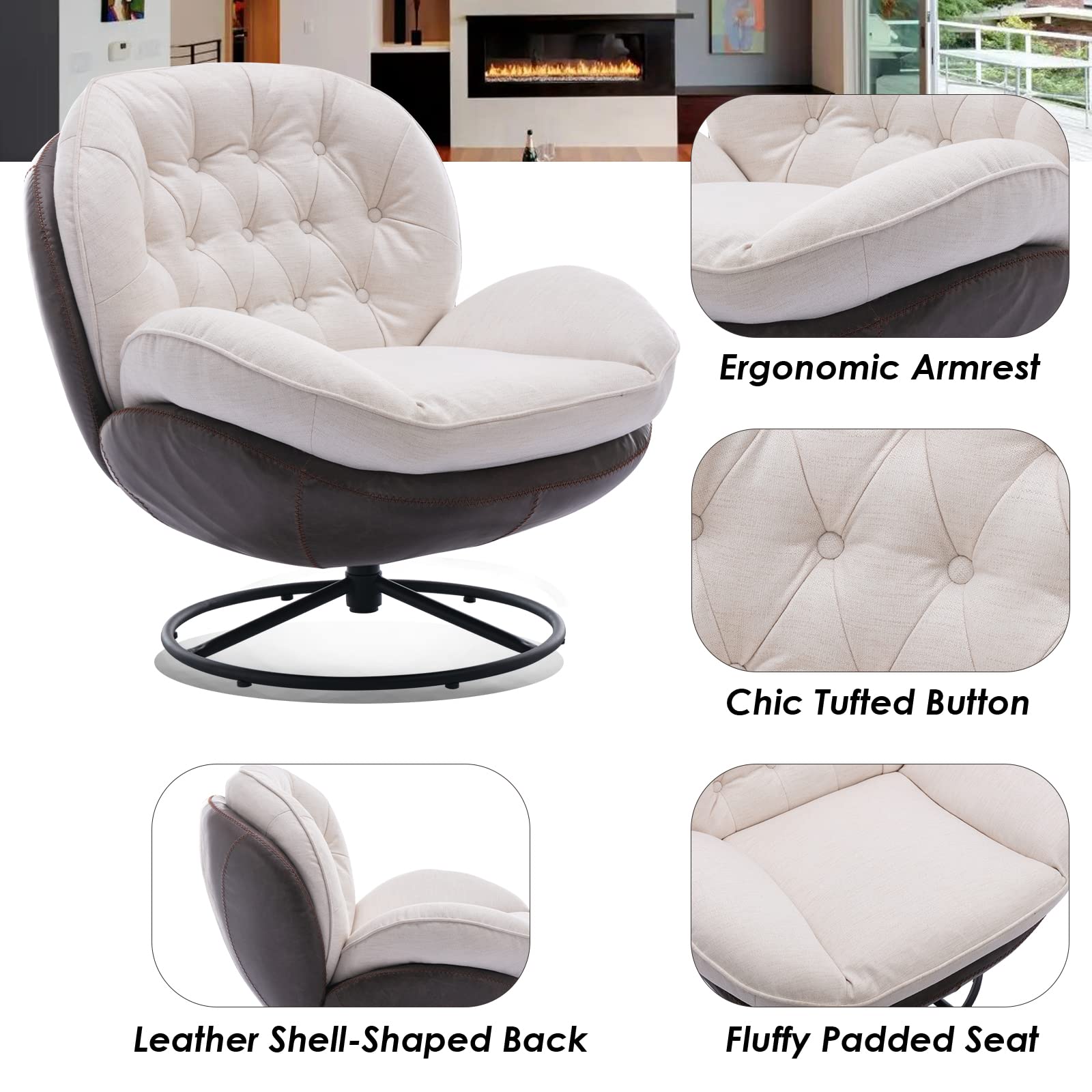 ZSARTS Swivel Accent Chair with Ottoman, Upholstered Linen Armchair Reading Chair with Footrest Mid-Century Modern Lounge Chair for Living Room Bedroom Fireplace(Cream)