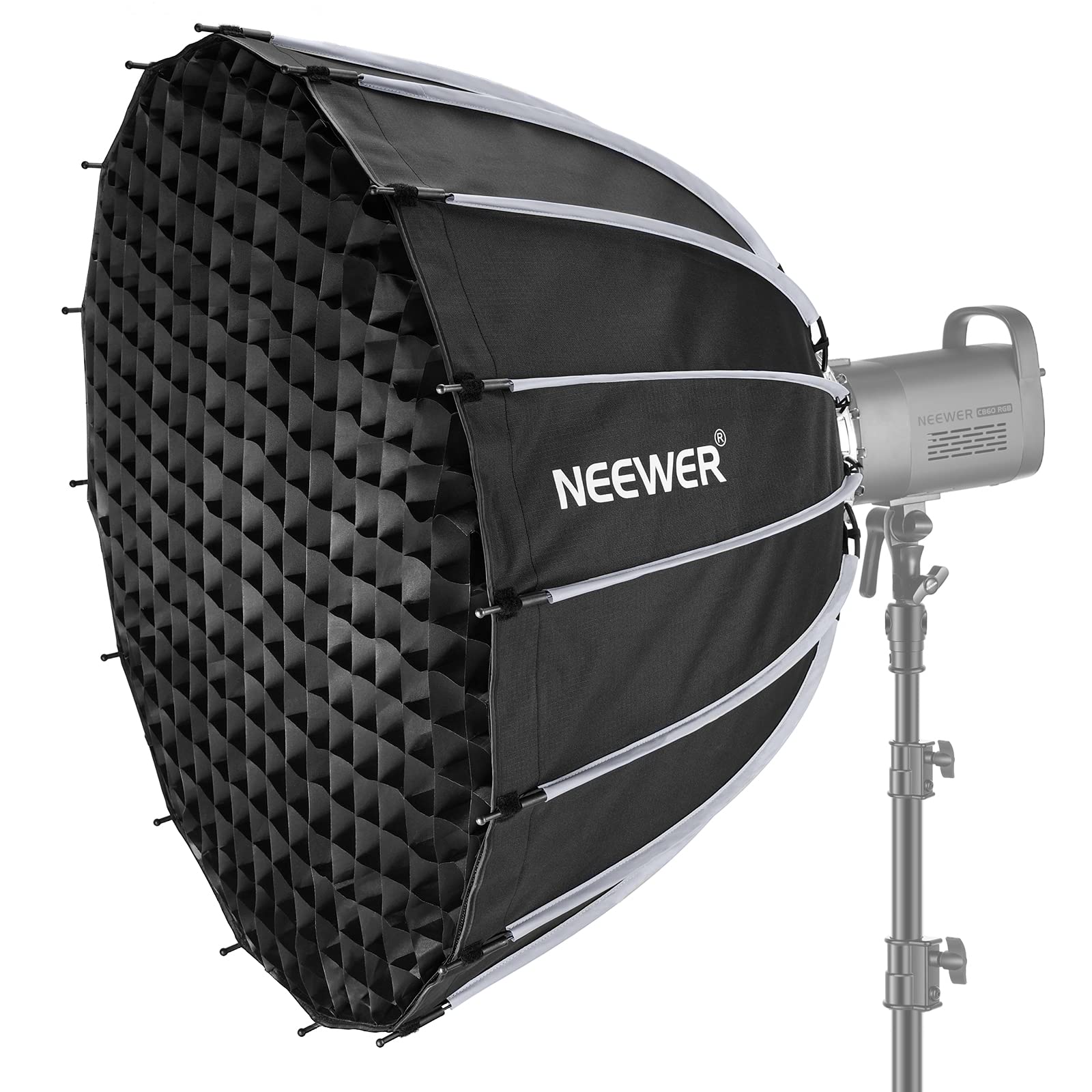 NEEWER 33inch/85cm Parabolic Softbox Quick Set up Quick Folding, with Diffusers/Honeycomb Grid/Bag, Compatible with Aputure 120d Light Dome Godox sl60w NEEWER RGB CB60 and Other Bowens Mount Lights