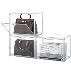 stebopum purse organizer for closet,clear acrylic display case for handbag organizer, purse storage box with magnetic door, dustproof storage bins for book, collectibles, cosmetic (3 pack)
