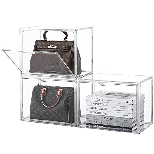 Stebopum Purse Organizer for Closet,Clear Acrylic Display Case for Handbag Organizer, Purse Storage Box with Magnetic Door, Dustproof Storage Bins for Book, Collectibles, Cosmetic (3 Pack)
