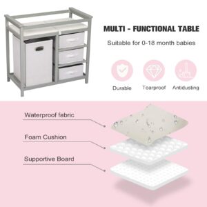 Baby Changing Table - Changing Station with Laundry Hamper, 3 Storage Baskets, and Pad, Multi Storage Nursery Changing Table for Infants or Babies (Light Grey)
