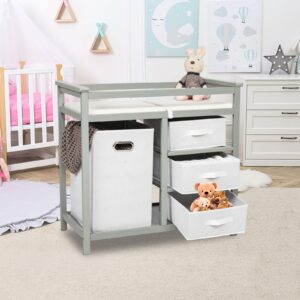 Baby Changing Table - Changing Station with Laundry Hamper, 3 Storage Baskets, and Pad, Multi Storage Nursery Changing Table for Infants or Babies (Light Grey)