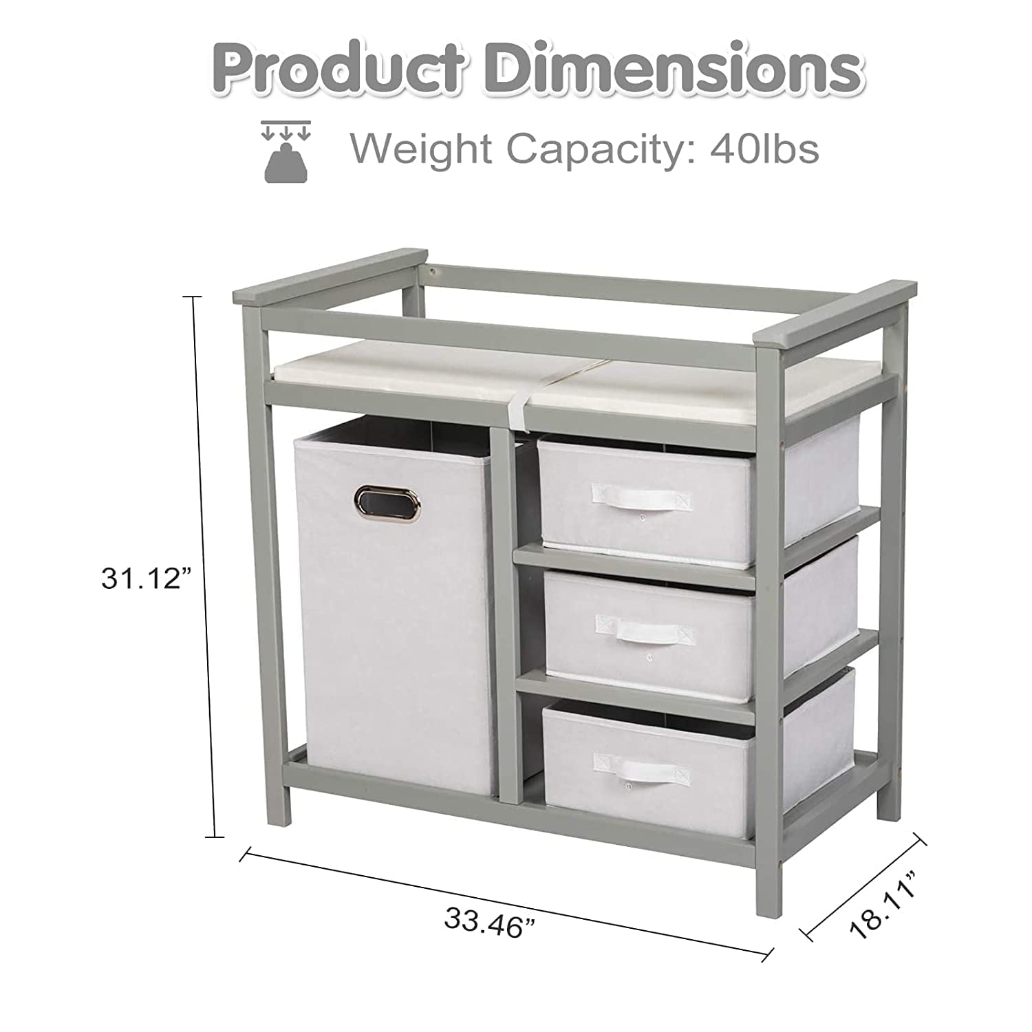 Baby Changing Table - Changing Station with Laundry Hamper, 3 Storage Baskets, and Pad, Multi Storage Nursery Changing Table for Infants or Babies (Light Grey)