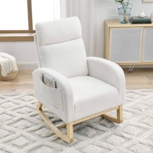 jeeohey rocking chair nursery,teddy fabric upholstered baby glider rocker chair,comfy accent arm chair with side pockets&solid wood legs,modern nursing single sofa chair for living room,bedroom(white)