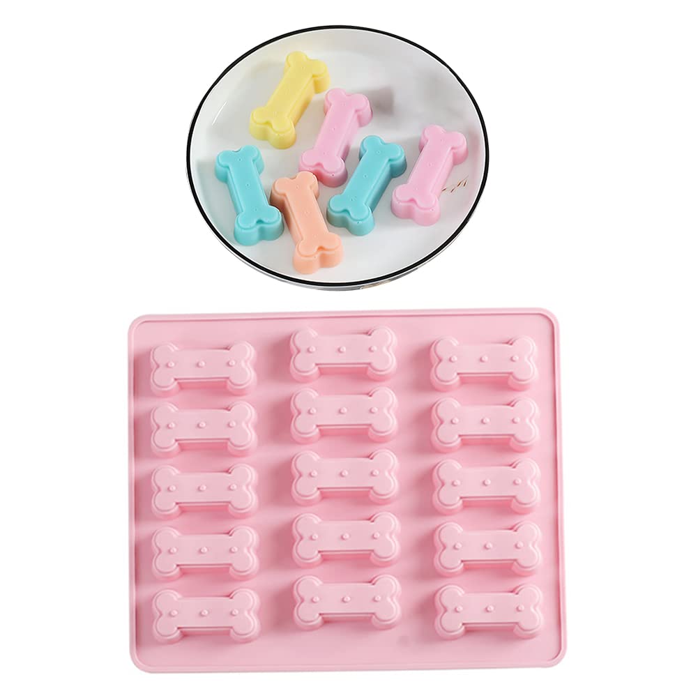 1 Pcs Dog Birthday Silicone Bone Shape Molds, 15-Cavity, Reusable Ice Candy Fudge Jelly Chocolate Cookies Trays DIY Baking Tools, Safe for Home Kitchen Party Supplies - Pink