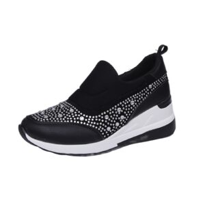 women's casual shoes fashion rhinestones platform wedge slip-on sneakers classic comfort low top walking booties black