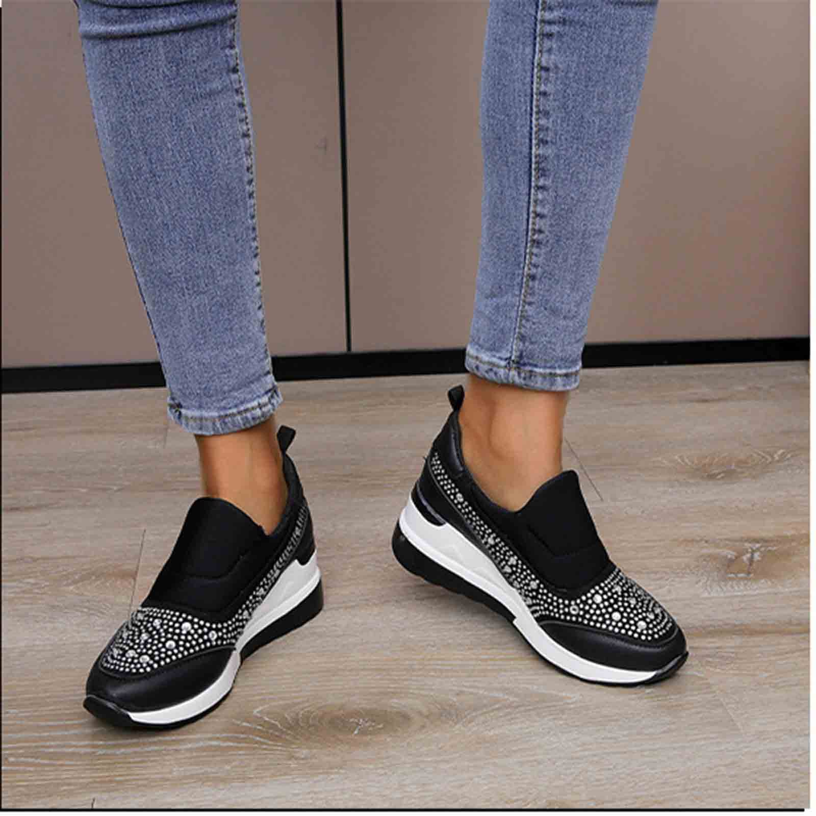 Women's Casual Shoes Fashion Rhinestones Platform Wedge Slip-on Sneakers Classic Comfort Low Top Walking Booties Black