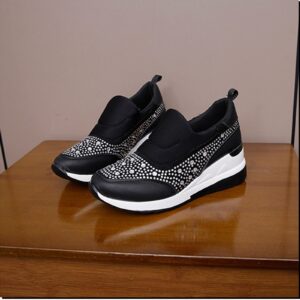 Women's Casual Shoes Fashion Rhinestones Platform Wedge Slip-on Sneakers Classic Comfort Low Top Walking Booties Black