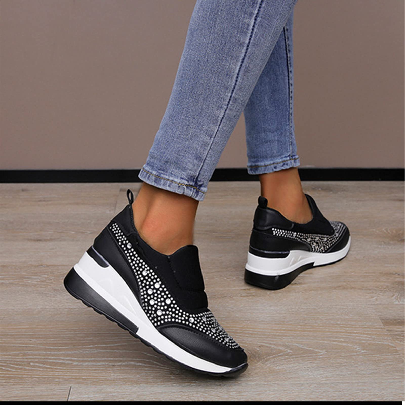 Women's Casual Shoes Fashion Rhinestones Platform Wedge Slip-on Sneakers Classic Comfort Low Top Walking Booties Black