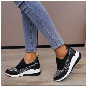 Women's Casual Shoes Fashion Rhinestones Platform Wedge Slip-on Sneakers Classic Comfort Low Top Walking Booties Black