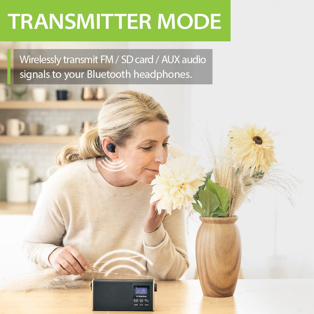 Streaming Radio to Bluetooth Earbuds or Home Stereo System, FM Radio, Bluetooth Transmitter, Bluetooth Speaker, SD Card MP3 Player 4-in-1 Device with Rechargeable Battery - Avantree Soundbyte T
