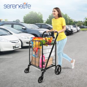 SereneLife Folding Grocery Utility Shopping Supermarket Cart with 360 Rolling Swivel Wheels, Large Capacity 110 lbs, Portable, Collapsible Compact Folding, for Grocery, Laundry, Luggage