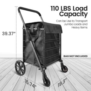 SereneLife Folding Grocery Utility Shopping Supermarket Cart with 360 Rolling Swivel Wheels, Large Capacity 110 lbs, Portable, Collapsible Compact Folding, for Grocery, Laundry, Luggage